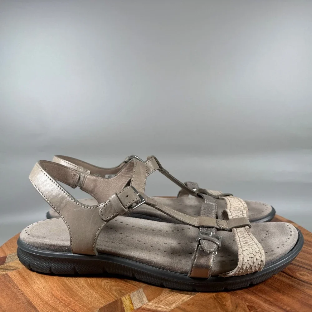 ECCO Womens Cruise Strappy Sandal Taupe Silver Snake‎ Print Leather EU 41 US 10